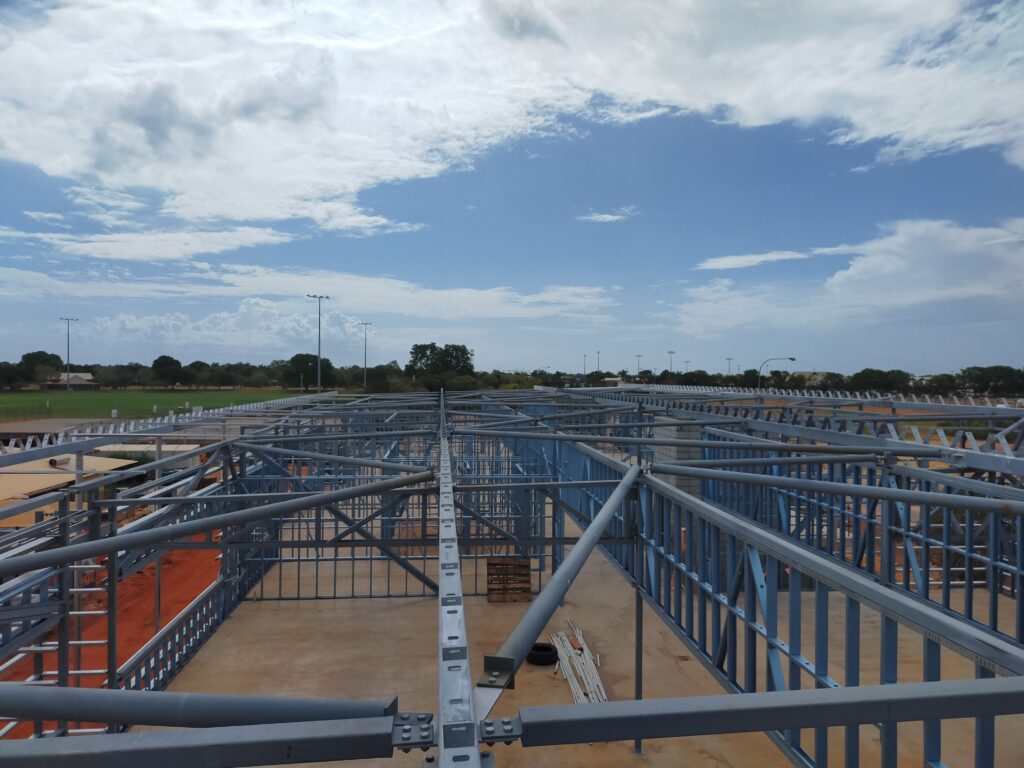 Building site for Broome Senior High School facilities building showing aerial view of the steel frame