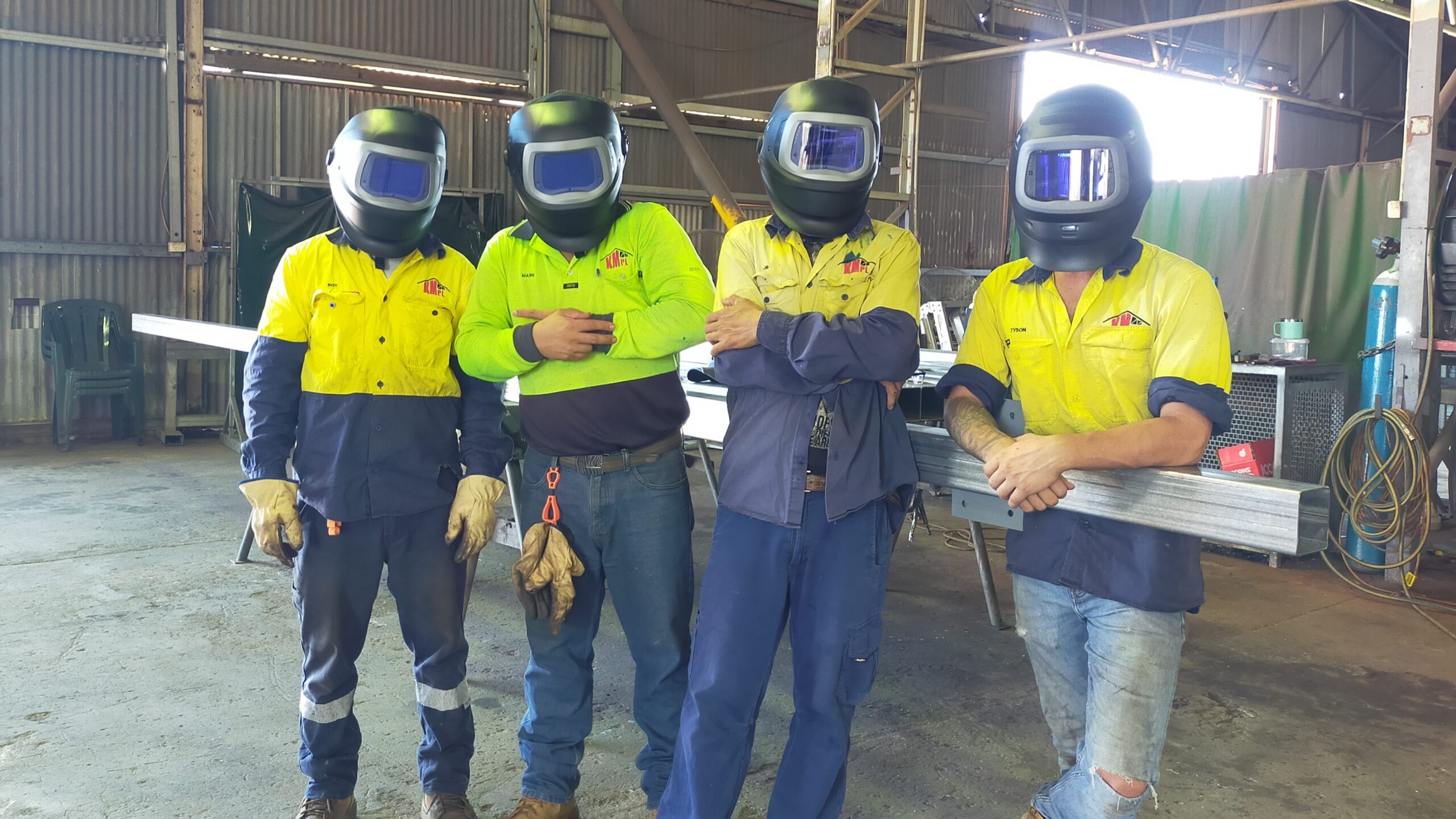 Our staff wearing new Speedglas helmets featuring integrated clear and smoked filters
